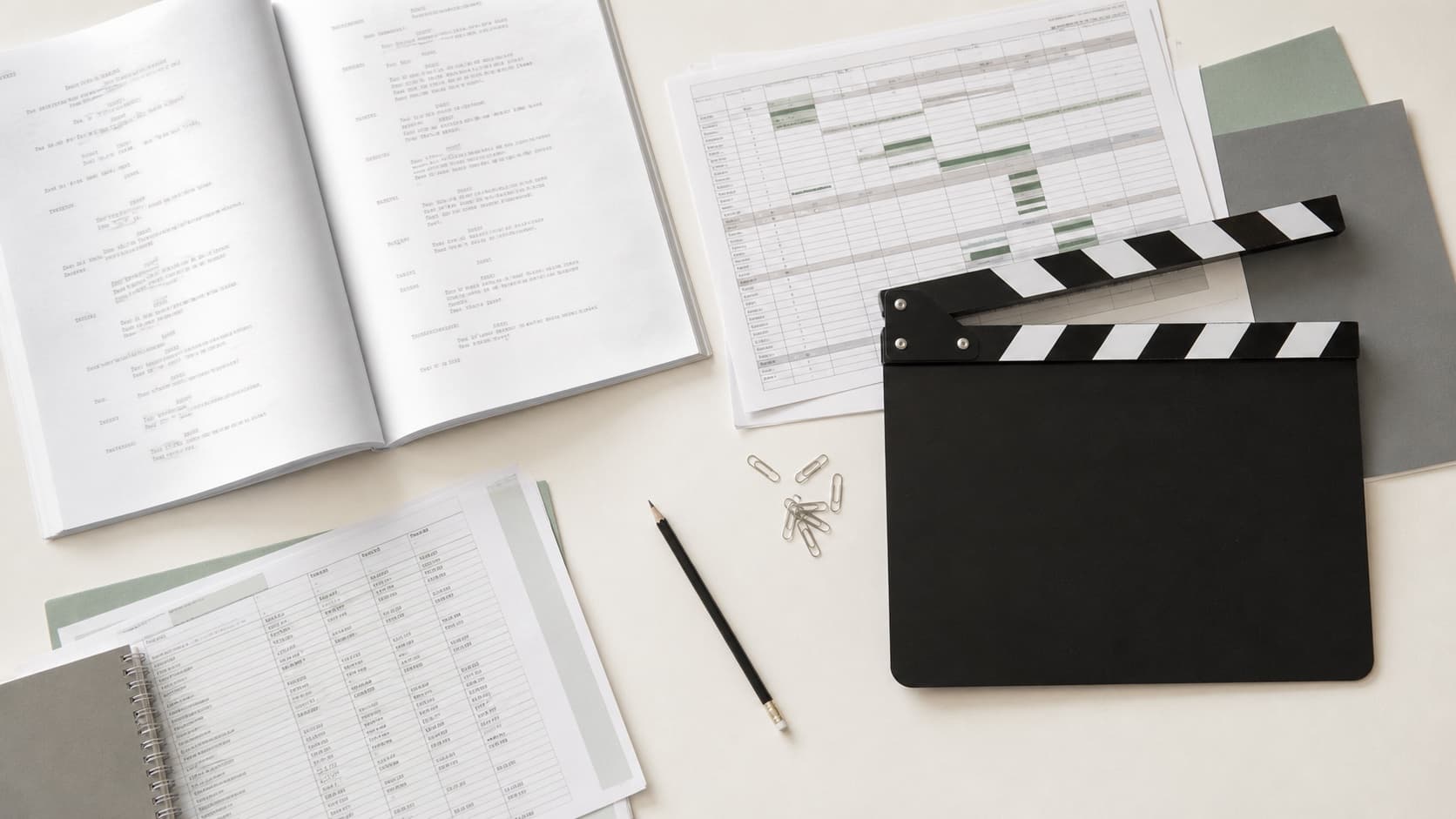 Scénario, plan de travail, feuilles budgétaires et clap réunis sur une table de pré-production