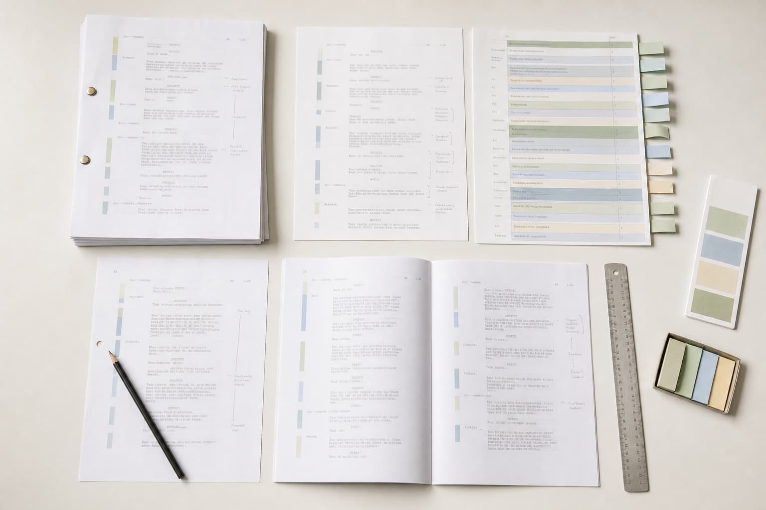 Pages de scénario annotées, bandes de dépouillement et outils de préparation