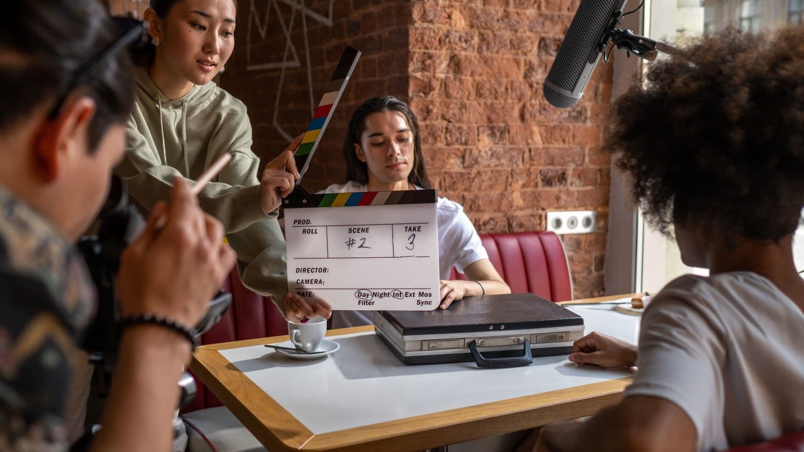 A small film crew gathered around a clapperboard before a take